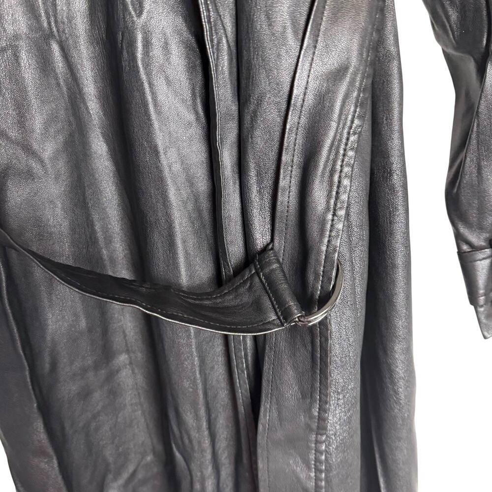 Jason Wu Black Vegan Faux Leather Fringed Tie Waist Long Trench Coat Size XL - Picture 11 of 16